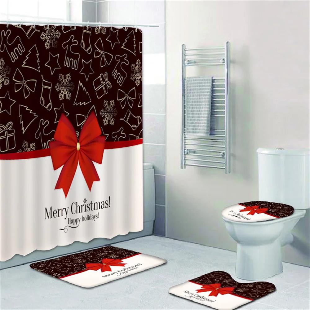 4pcs Merry Christmas Shower Curtain Polyester Shower Curtain Pedestal Rug Set Bathroom Decor Waterproof Curtain