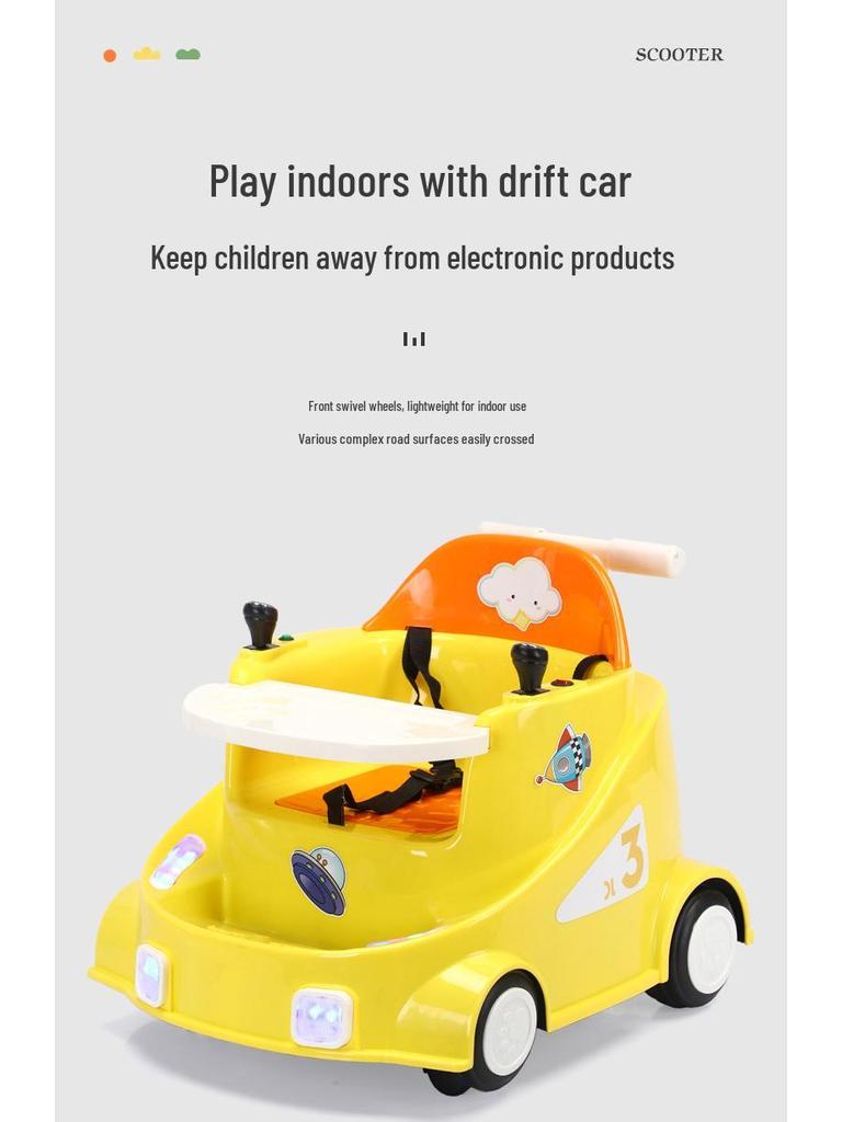 Kids' Electric 4-Wheel Drift Car with Dining Tray: Forward, Backward, Rotate - Indoor Toy with Free Shipping