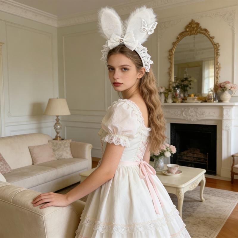 Plush Sweet Rabbit Ears Headband With Elegant Lace And Bowknot Detachable For Cosplay Party And Daily Wear