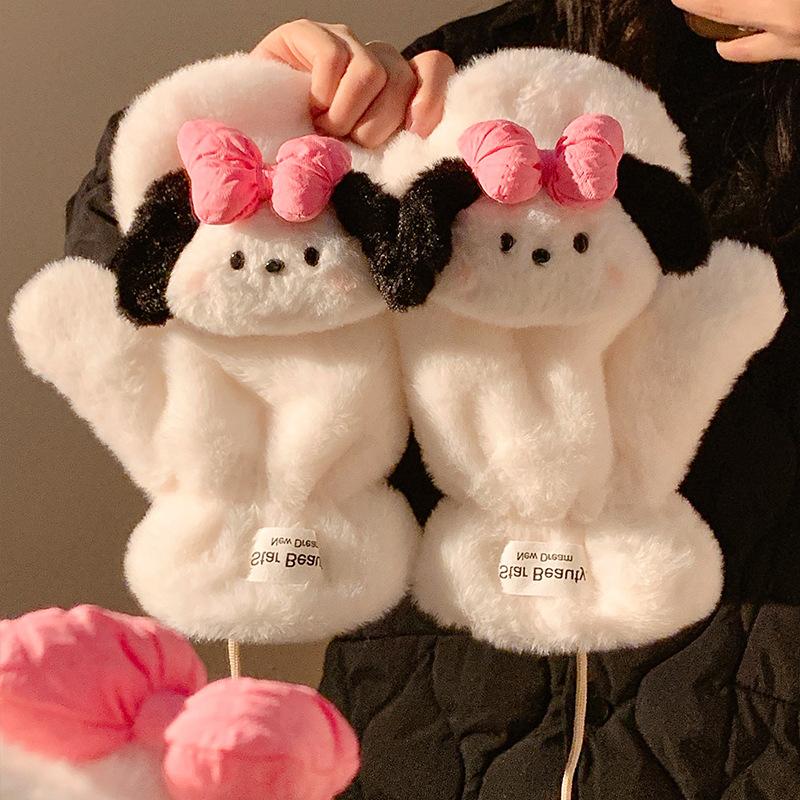 Cute bow puppy plush finger female cold proof plush thickened neck new