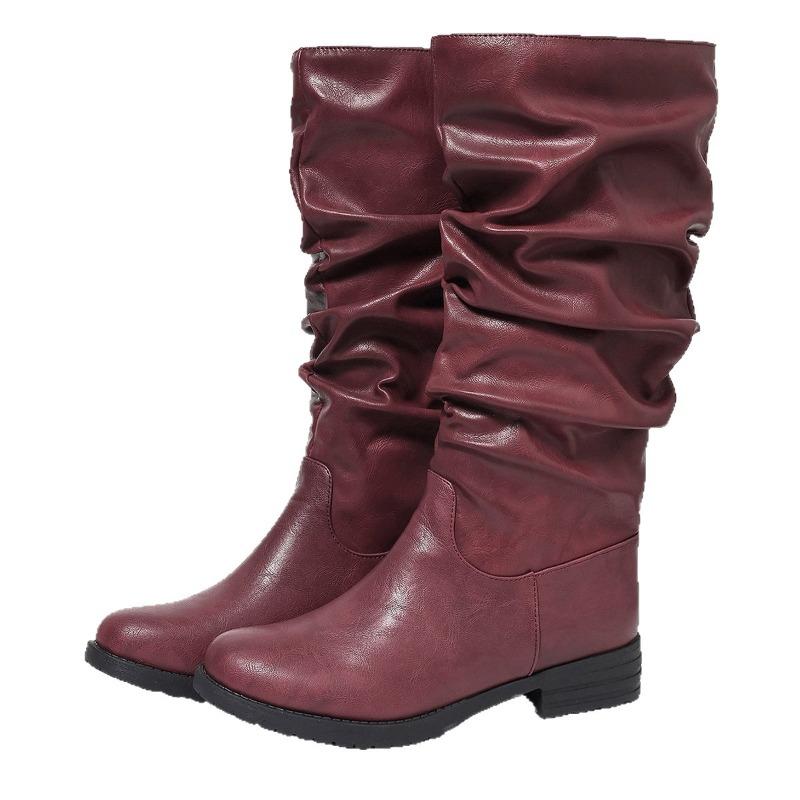 Women's Solid Color Leather Boots, Chunky Heel Knee High Riding Boots, Wrinkled Casual Knight Boots for Women