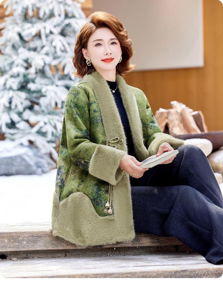 Mom's Winter Mink Fleece Mid-Length Coat: Warm, Thick Fur Coat for Middle-Aged & Elderly Women - National Style, Perfect for New Year.