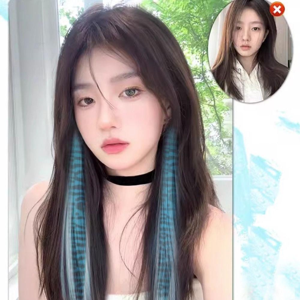 2Pcs Rainbow Long Straight Hairpiece Seamless Hanging Ear-dye Wig Feather Hair Extensions  Women