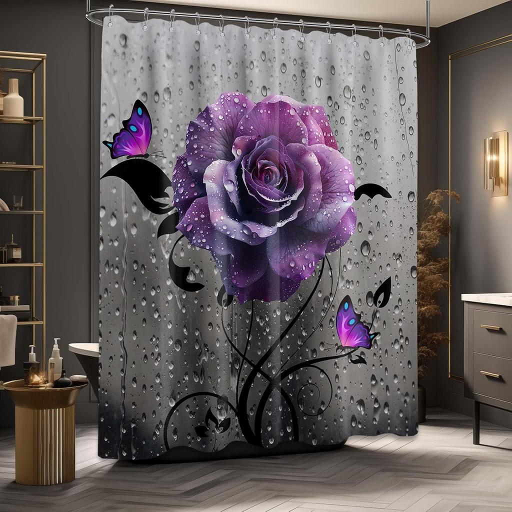 Vintage Floral Shower Curtain Goth Dark Rose Flower Butterfly Shower Curtains for Bathroom Decor Sets, Waterproof Cloth Fabric