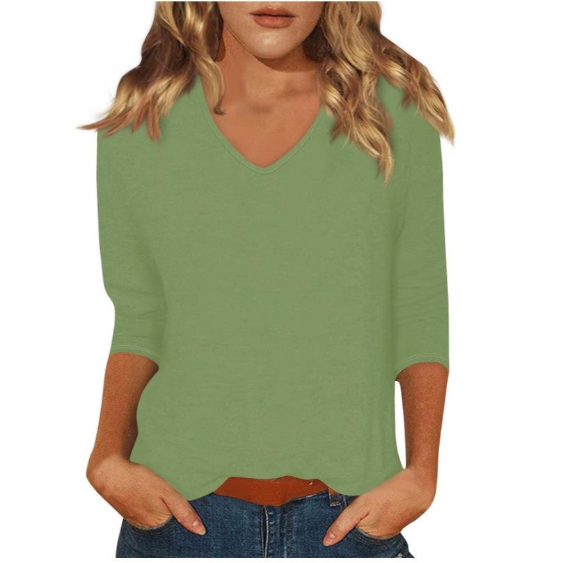 Women's Daily Versatile Casual V-Neck Solid Color Seven-Sleeve T-Shirt Top