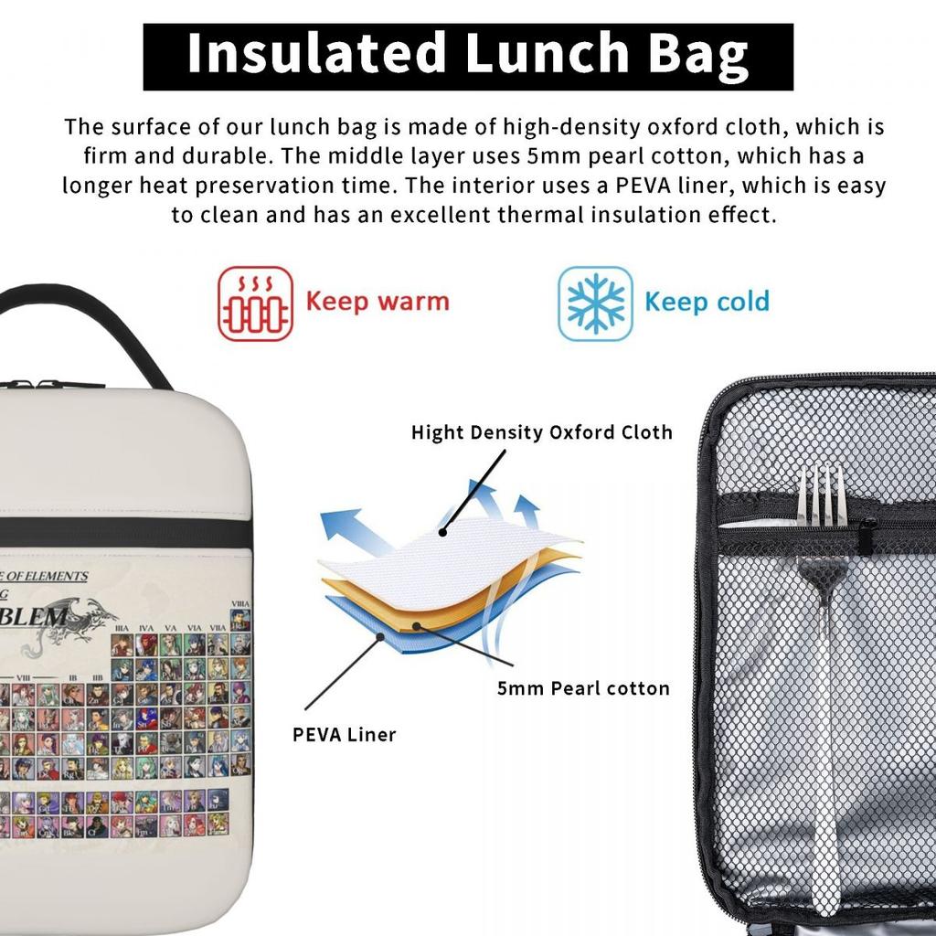 Periodic Table Fire Emblem Insulated Lunch Bag for Women Children Portable Food Boxes Thermal Lunch Box Tote