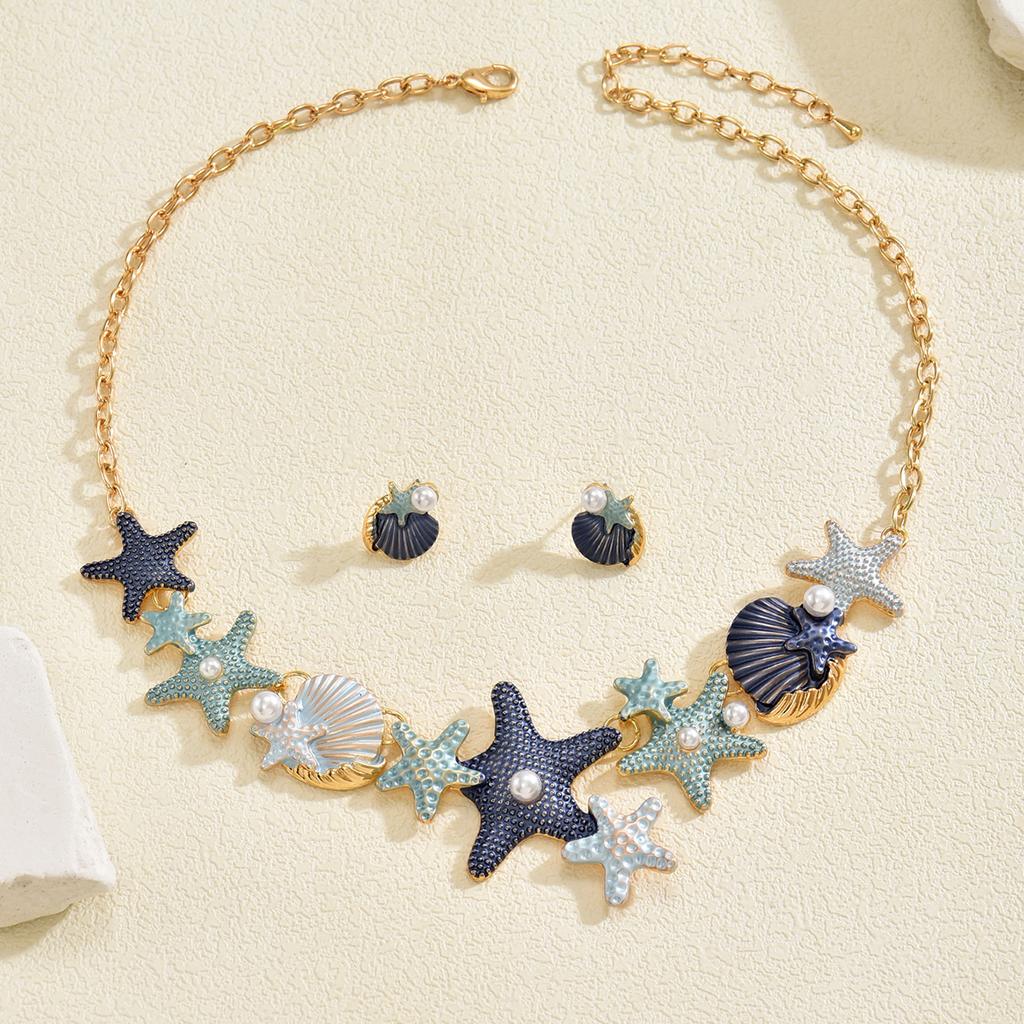 Boho Beach Colorful Enamel Starfish Shell/Flower/Flower Statement Jewelry Set Dopamine Necklace Earrings Summer Vacation Jewelry