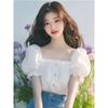 New Summer French Style High-End Unique Casual White Square Collar Puff Sleeve Shirt