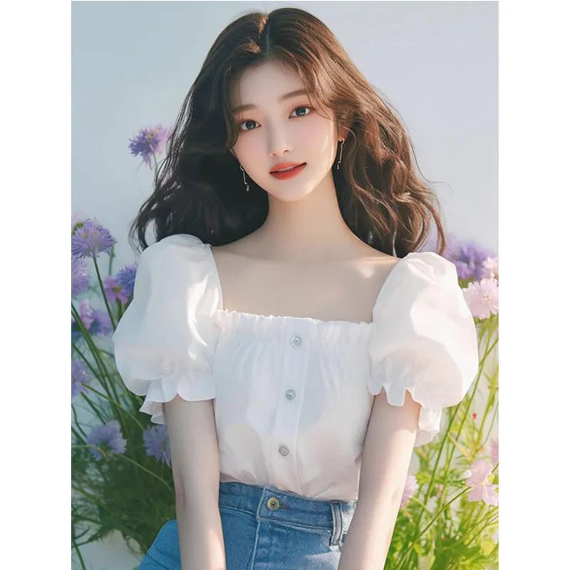 

Новая летняя рубашка во французском стиле, высокого класса, уникальная, повседневная, белая, с квадратным воротником и рукавами-буфами S белый