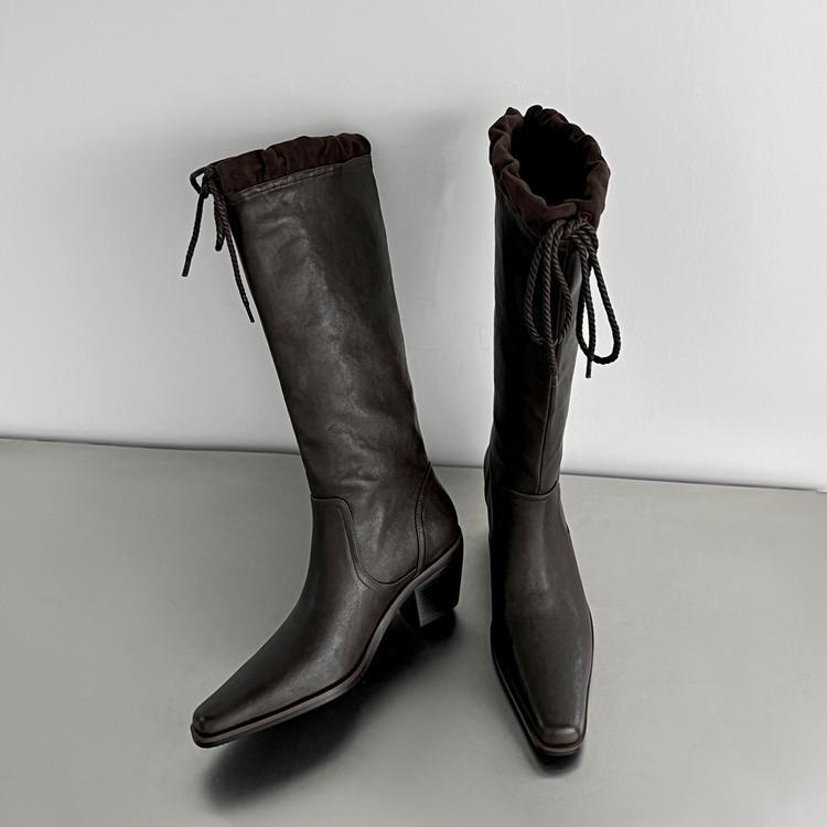 

2025 autumn and winter new wide boots lace-up thick heel square boots female knight drawstring super soft leather but knee 39