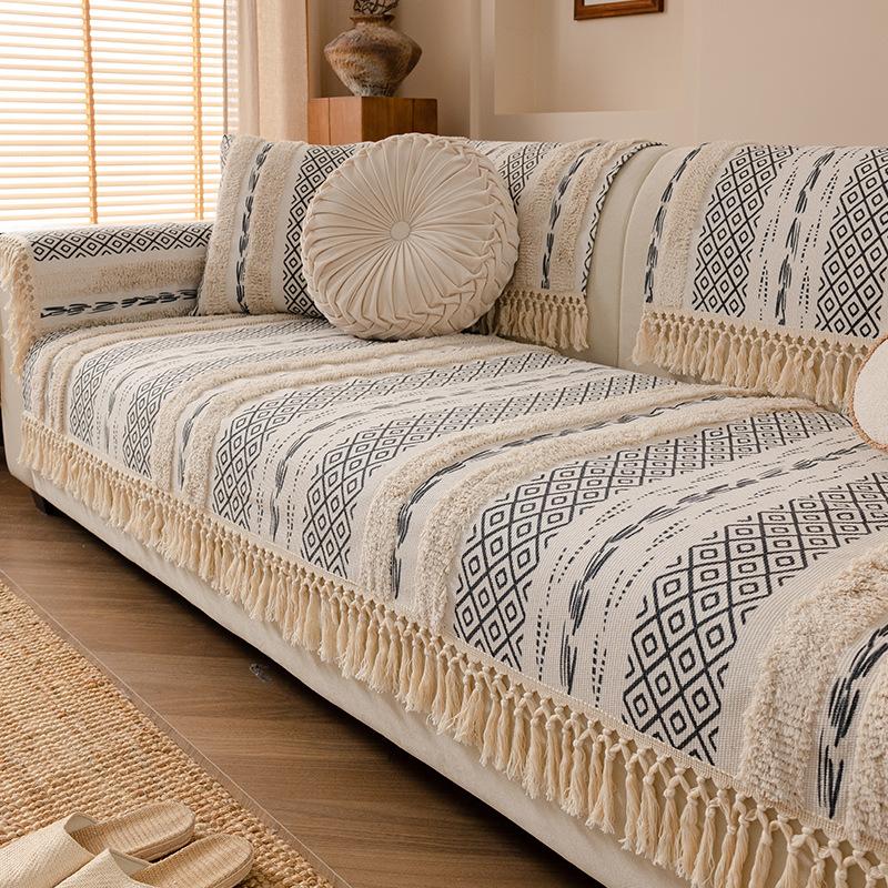Anti-Cat Scratch Cotton And Linen Sofa Cover All-Inclusive Universal Cover All Seasons Universal Simple Geometric Fringed Sofa Cover Cover