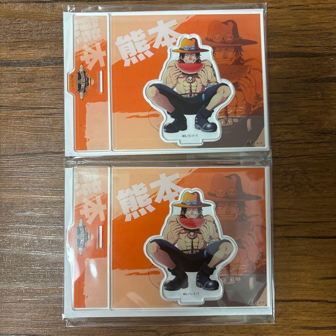 Used Set of 2 One Piece Mugiwara Store Kumamoto Limited Acrylic Stand Ace