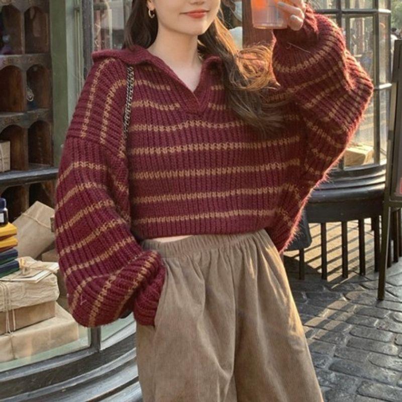 New Fall Women's Clothing Stripes Sweater Stylish Niche Style Knitwear Loose Outer Wear Small Short Tops