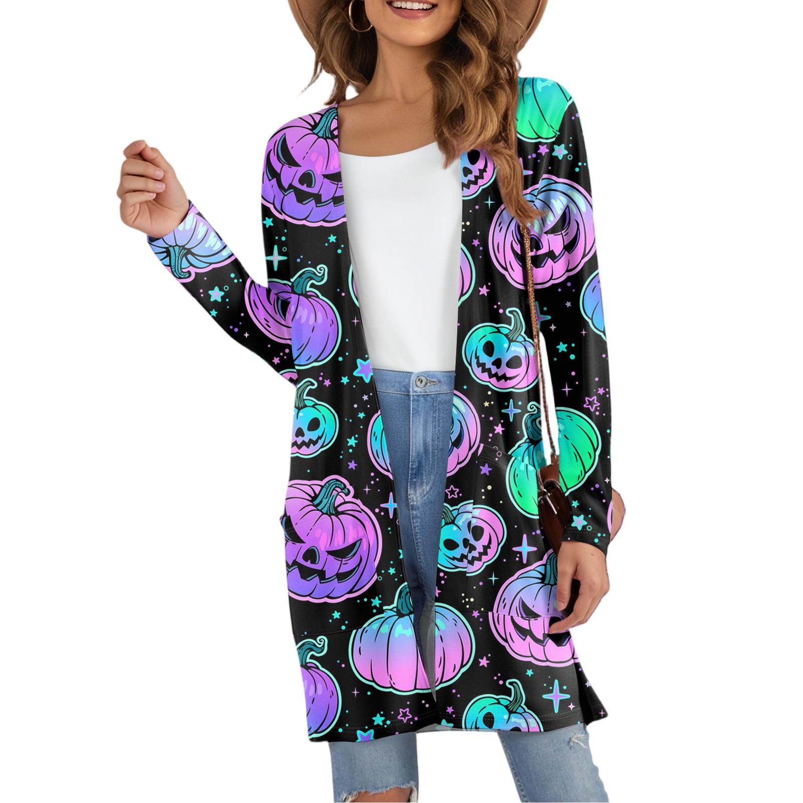

Women s Fashion Casual Comfortable Halloween Printed Mid-Length Cardigan With Pockets Jacket L чорний