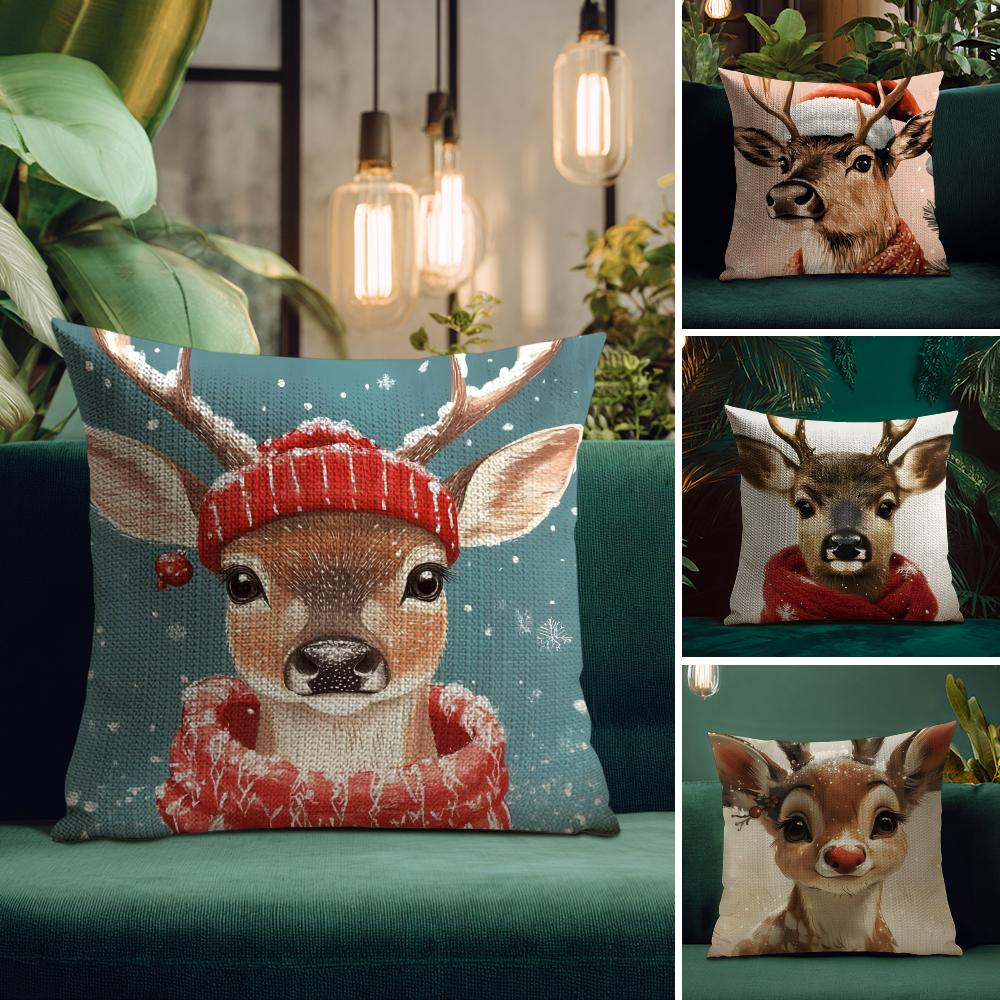 Reindeer Christmas Cute Cushion Cover Natural Linen Pillow Case DoubleSided Print Decorative Sofa Pillowcase Home Decor Gift