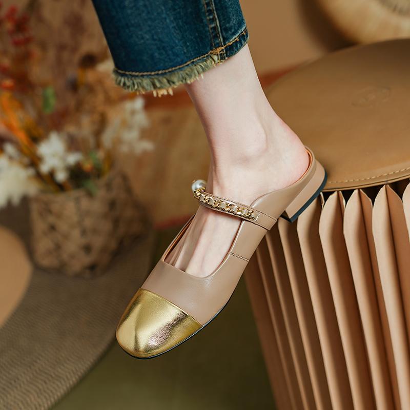 Fashion 2024 Summer Women Mules Genuine Leather Shoes for Women Cover Toe Low Heel Slippers Square Toe Sandals Internal Elevation Shoes