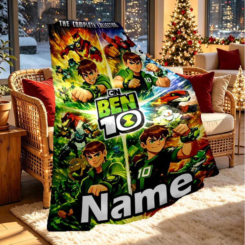 Custom Name Personalized Ben 10 Cartoon Print Blanket, Home Decor, Bedroom, Sofa, Camping, Couch, Gifts for Birthday ChristmasEnthusiasts