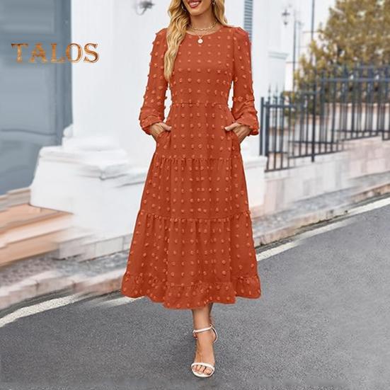 Herbst Winter Damen Kleid Lange Laternenärmel A-Linie Rundhals Großer Saum Punktapplikation Plissiert Einfarbig Dating Pendeln Midikleid