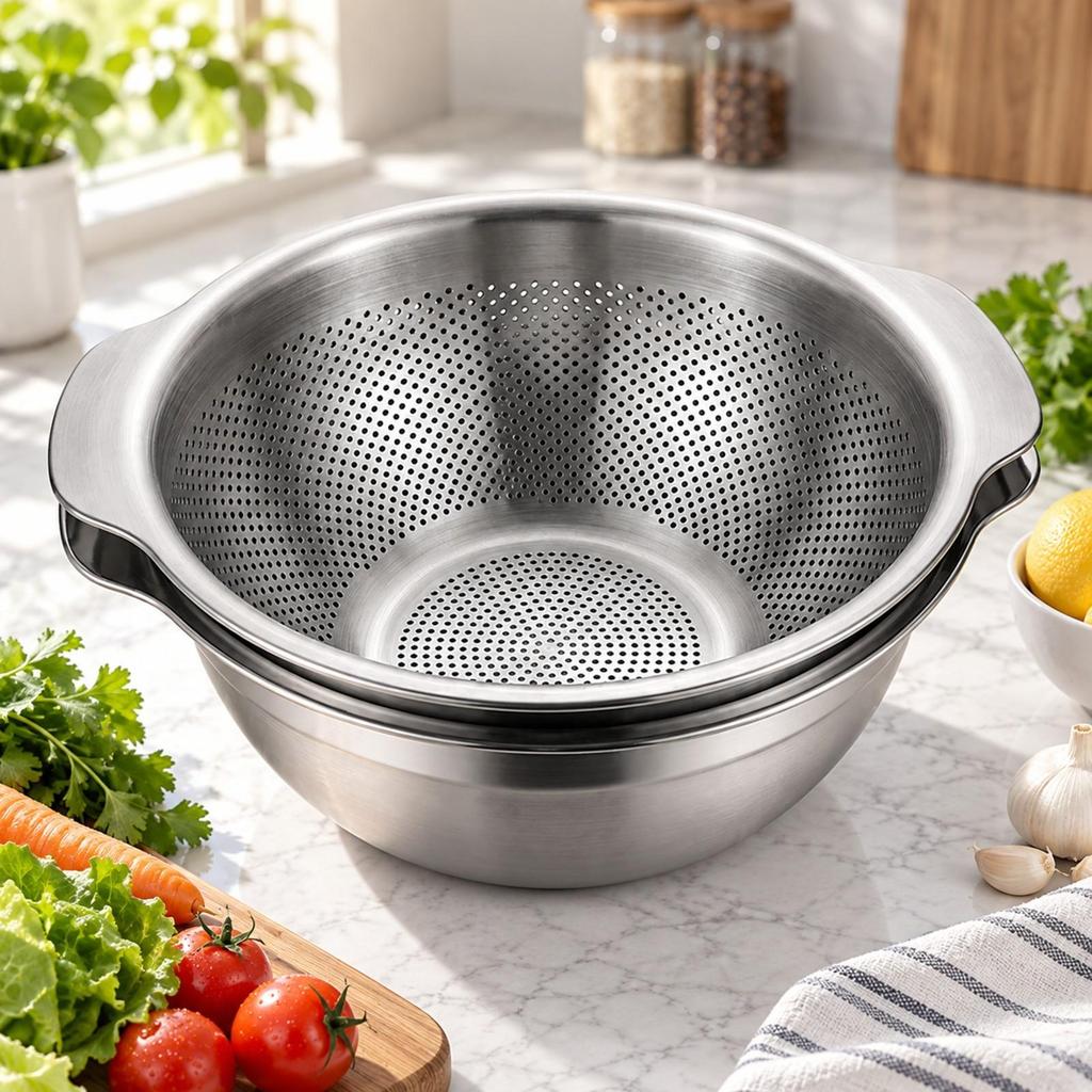 2 Pieces Strainer RustResistant 304 Stainless Steel Mixing Bowl with Colander for Countertop