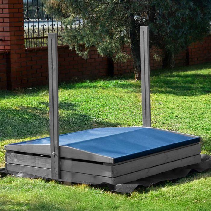 Bac à sable en bois avec toit - Springos® - 120 x 120 cm - Imprégnation à base d'eau - Gris - Bancs intégrés