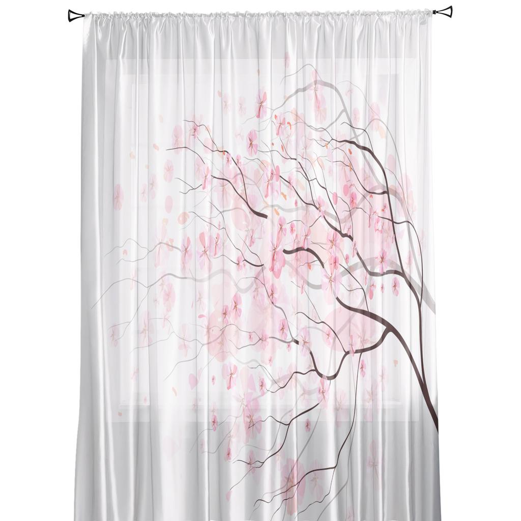 Cherry Blossoms Tree Branches Pink White Chiffon Sheer Curtains for Living Room Bedroom Decoration Window Voiles Tulle Curtain