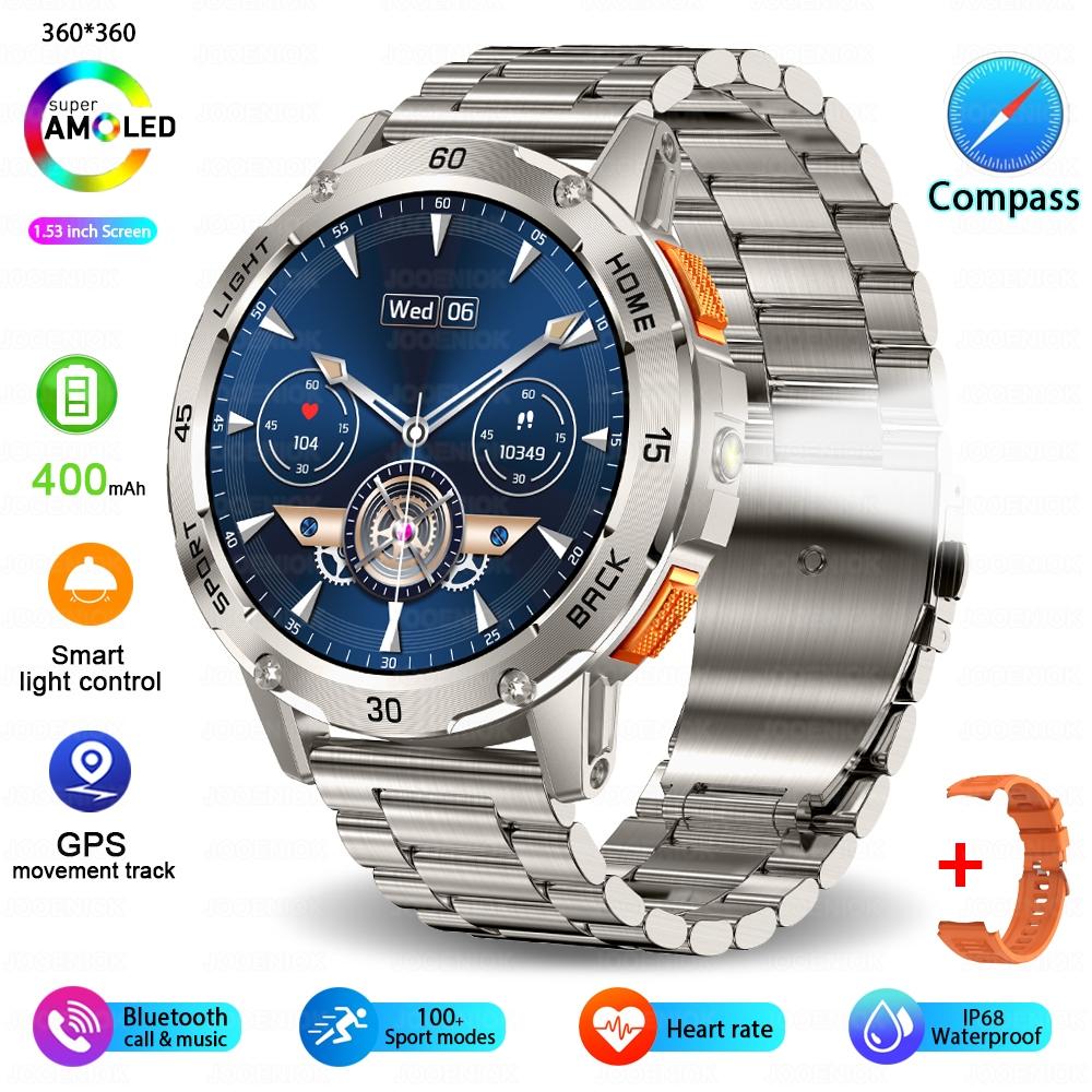 New Outdoor Military Smart Watch Men 1.53" AMOLED Screen IP68 Waterproof Compass Bluetooth Call Sports Bracelet