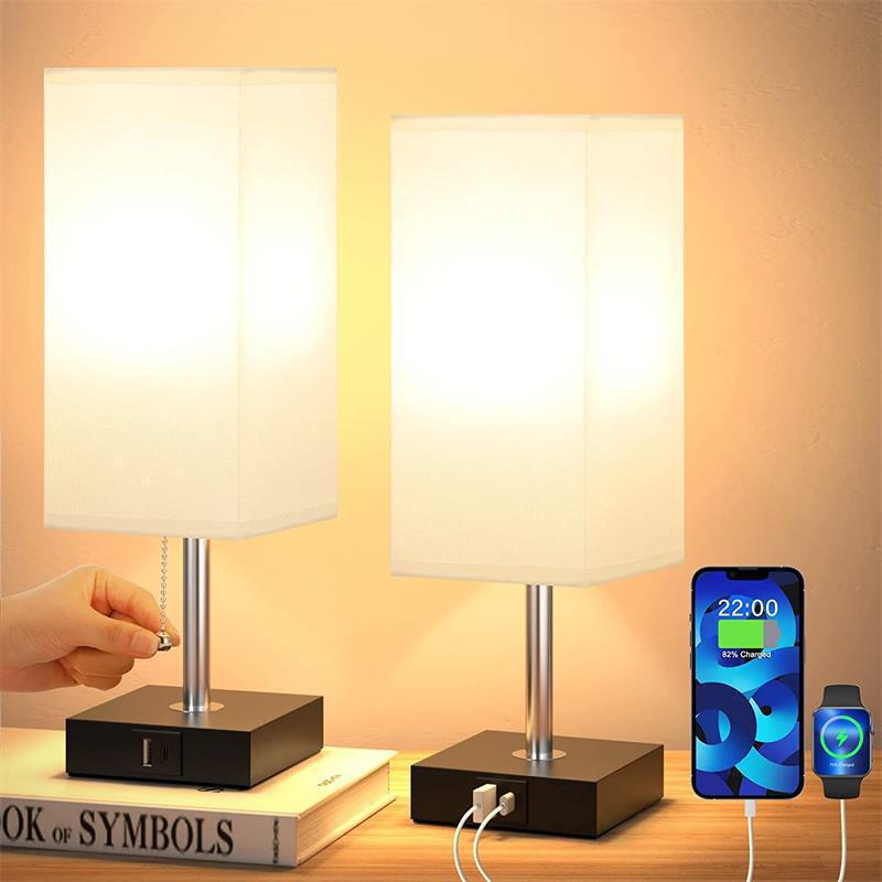 Stoffschirm-Tischlampe mit berührungsempfindlicher Dreistufen-Dimmung, USB-wiederaufladbar, Netzstecker, geeignet für Schlafzimmer-Nachttische
