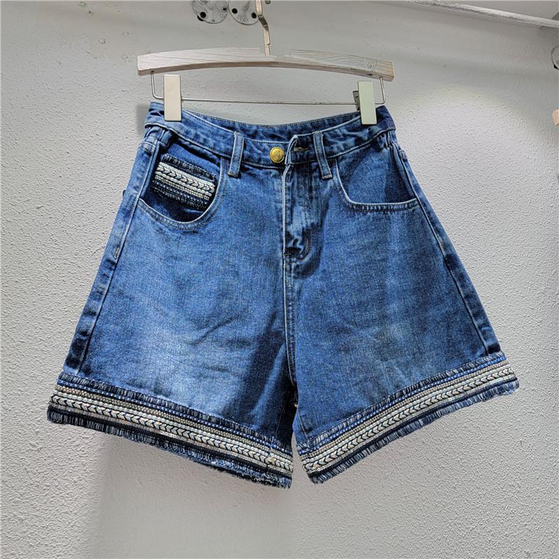 European station summer new heavy industry beaded denim shorts women s high waist loose contrasting denim hot pants tide S синий