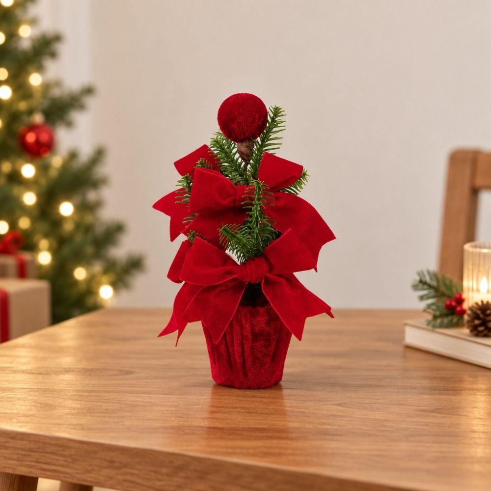Artificial Pine Branches and Berries Red Christmas Ball Potted Plant Desktop