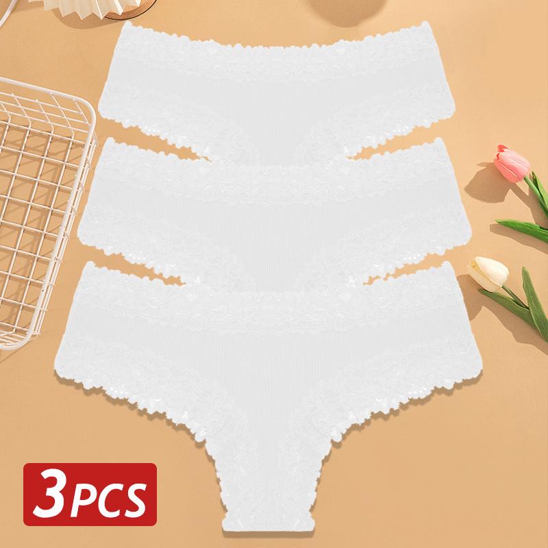 3PCS/Set Women Cotton Panties Floral Lace Brazilian Panties Sexy Low Waist Lingerie Female Soft Underwear Solid T-Back Bikini