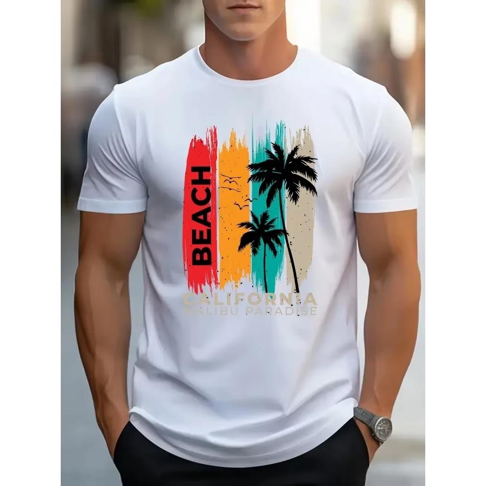 Men's Fashion Trend Casual Surfboard Printed T-shirt Round Neck Short Sleeve Top Summer New Sports Top Beach Vibe T-shirt