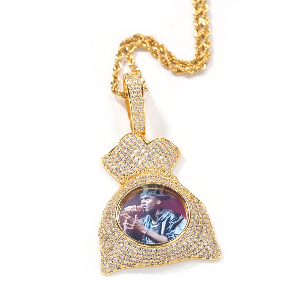 Hip hop photo pendant copper inlaid zircon money bag styling creative DIY pendant necklace