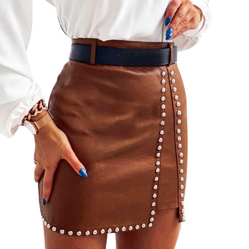 

Leather Beaded Half-Slip Pack Hip Skirt Leather Beading Sheath Skirt BROWN M