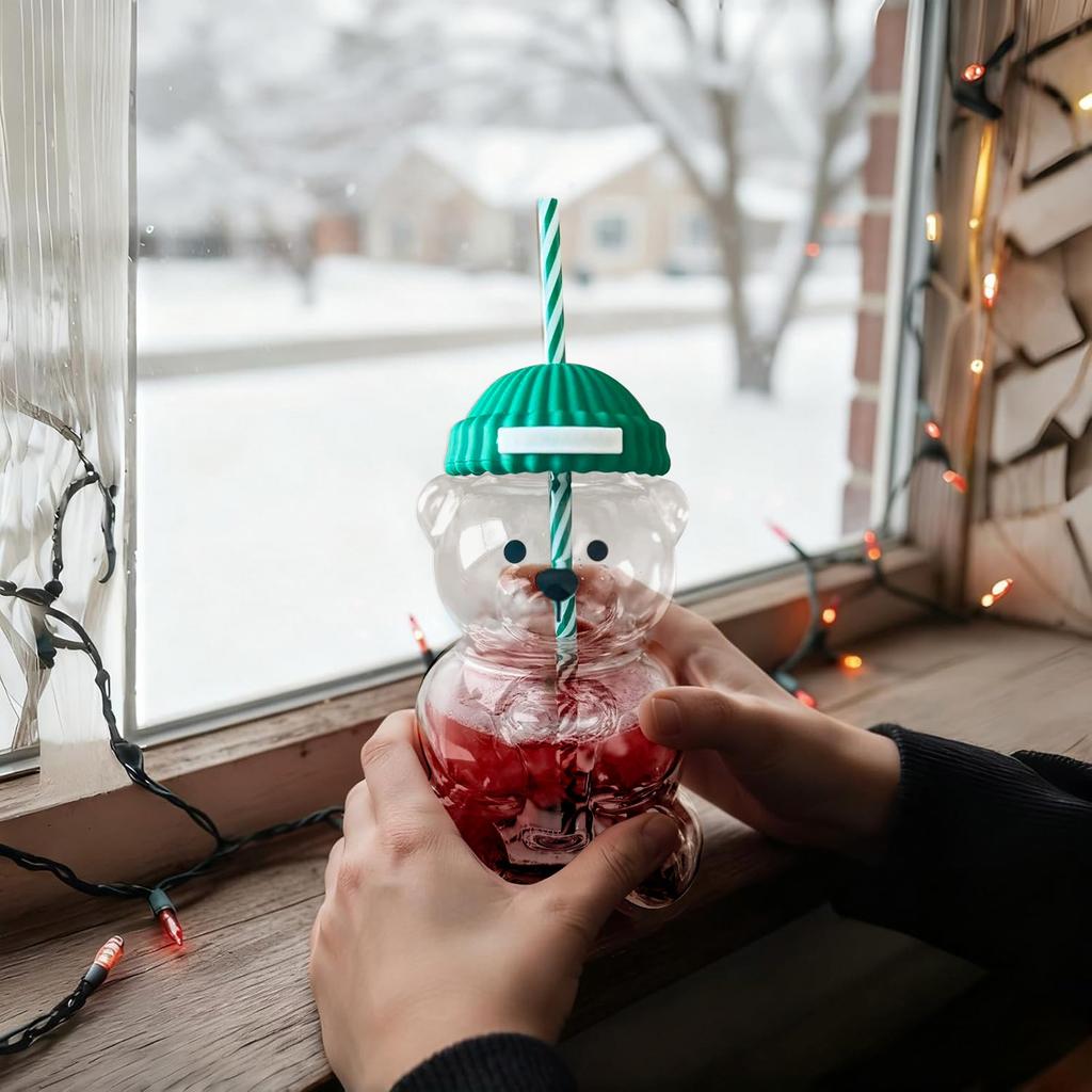Bärenform Plastikbecher mit Strohhalm Kaffeetasse Niedlich Cartoon Kreatives Glas Saftbecher Teetasse Trinkgeschirr Neujahrsdeko Wohngeschenke