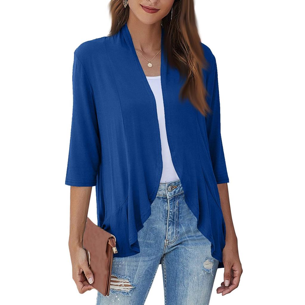 Women's Fashion Casual Seven Minute Sleeve Color Ruffle Cardigan Top