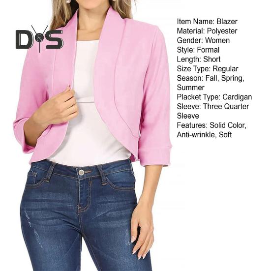 Women Blazer Short Coat Cardigan Open Stitch Solid Color Loose Spring Fall Jacket Three Quarter Sleeve Soft OL Commute Style Lady Jacket