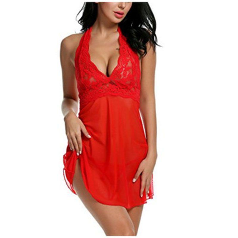 Alluring Women Sexy Lingerie Dress Baby Doll Halter Lace Patchwork Sleepwear Nightwear