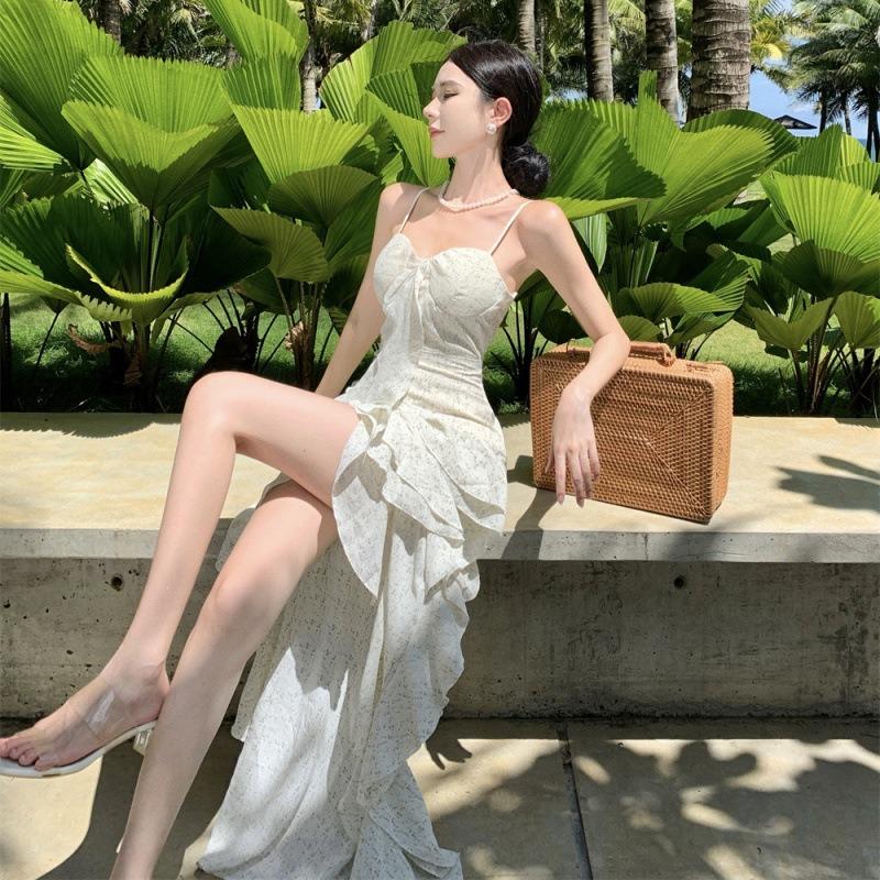 Fairy Long Dress Tailoring Irregular Layering Ruffle Edge Sexy Suspender Dress