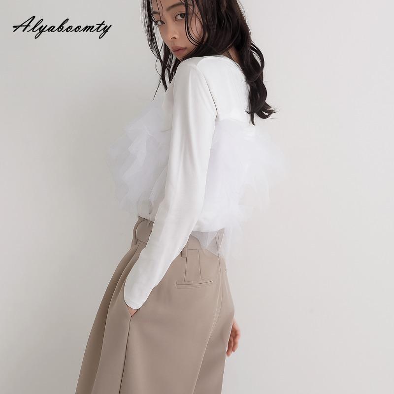 Korean Ulzzang Spring Autumn Women Streetwear Top O Neck White Gray Black Ruffles Patchwork T-Shirt Stylish Feminine Ladies' Tee