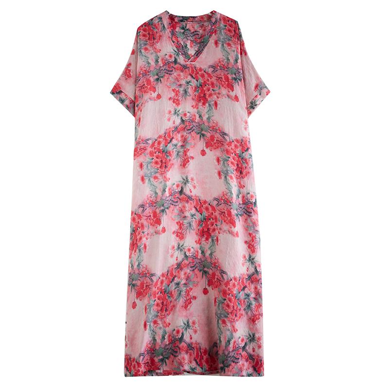 DIMANAF 2024 Plus Size Dress Women Summer V-Neck Sundress Bohemian Floral Print Loose Big Oversize Maxi Dress 9044