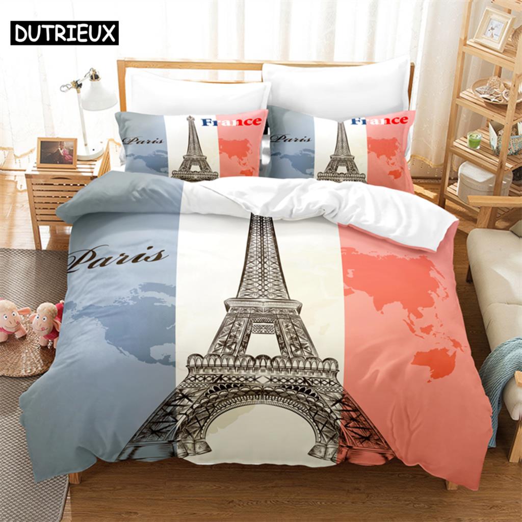 3D Digital-Printed Eiffel Tower-Themed Duvet Cover Set in Queen Size - Fashionable Bed Linen Design