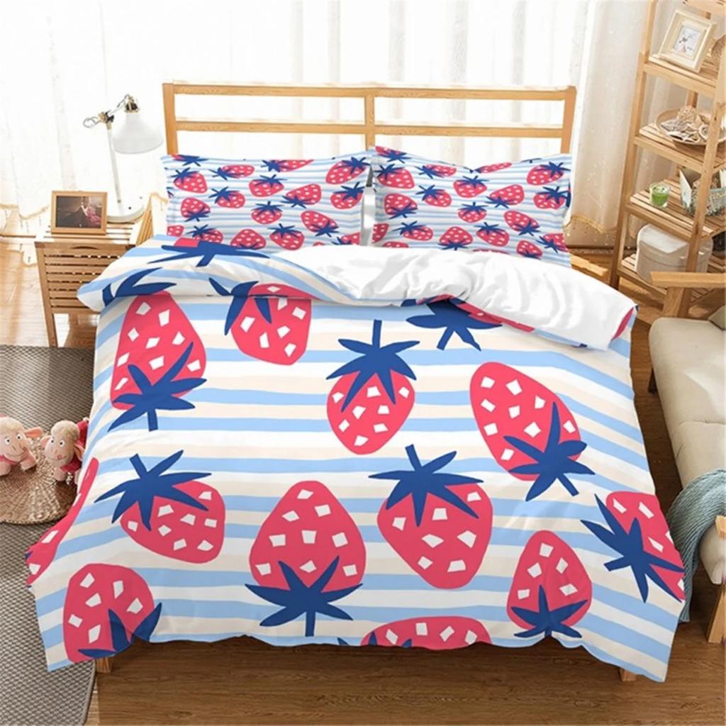 Strawberry Duvet Cover Set Cartoon Pink Fruit Print Comforter Cover Set for Boy Girl Teen Sweet Strawberry Room Decor Bedding