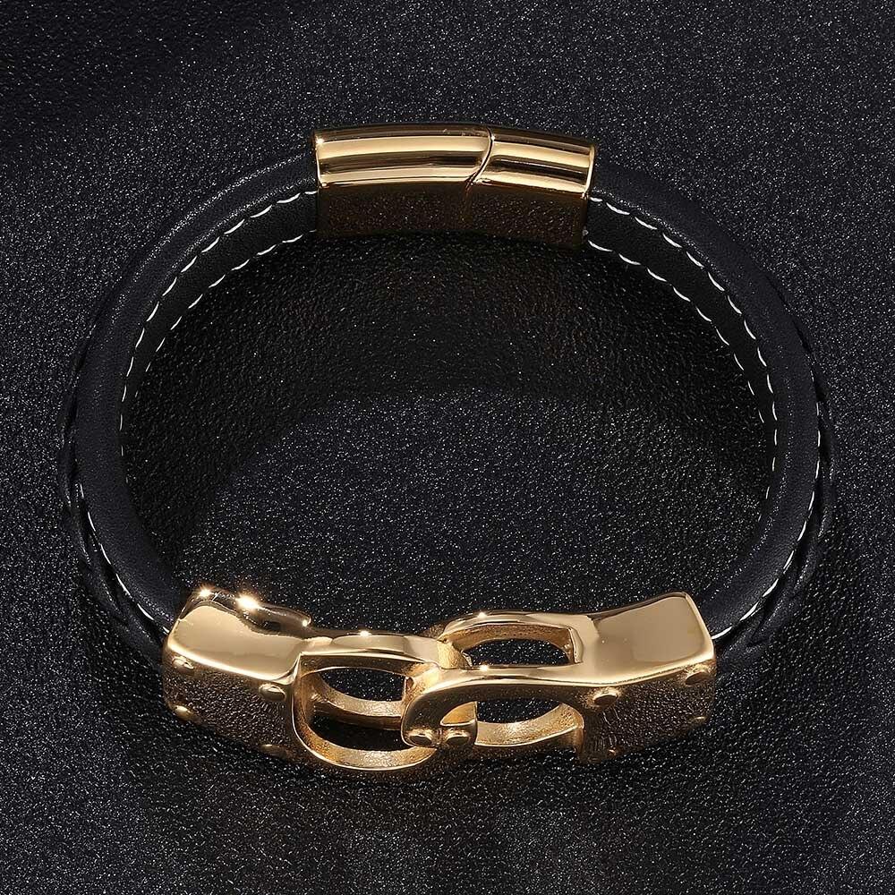 Fashion Bracelet Men Black Leather Stainless Steel Charm Bracelet Handcuffs Punk Jewelry Bracelet