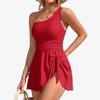 Charmleaks One Shoulder One Piece Swimsuit Women Tummy Control Bathing Suit with Skirt Tie Knot Cute Scalloped Swimdress