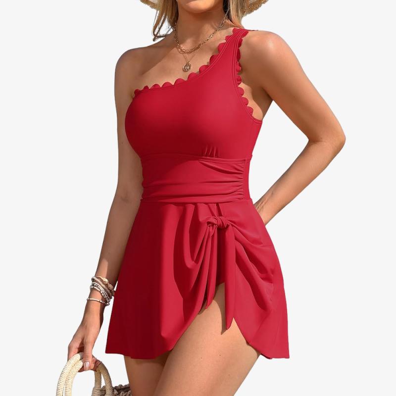 Charmleaks One Shoulder One Piece Swimsuit Women Tummy Control Bathing Suit with Skirt Tie Knot Cute Scalloped Swimdress