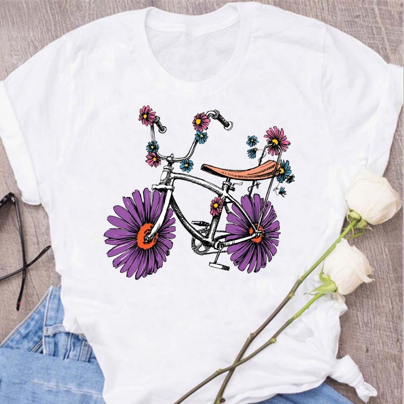 Woman Funny Bicycle Floral Print T Shirt Harajuku Women Tshirts Casual O-Neck Short Sleeves Tops Tees Shirt,Drop Shipping