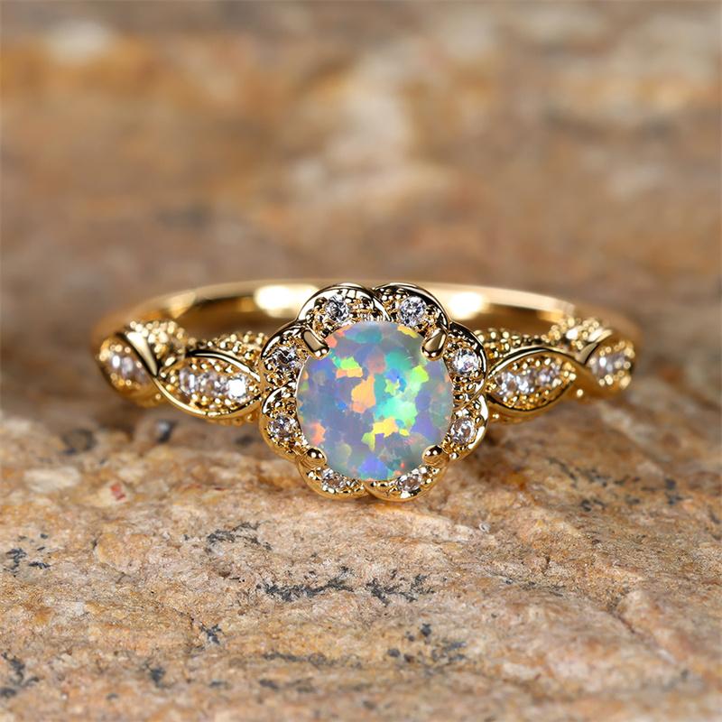 Luxury Female Charm White Opal Yellow Gold Color Jewelry For Women Crystal Round Stone Stone Engagement Ring