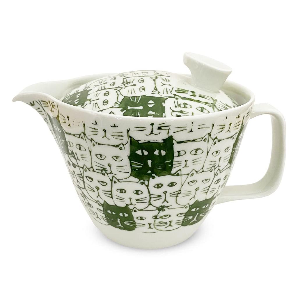 J-kitchens Tea Pot with Strainer, 385ml Capacity, Serves 2-3, Made in Japan, Hasami Ware, Cats Design, Green, Large (Product Number: 174800)