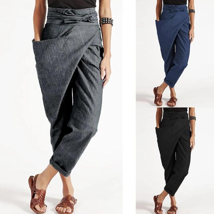 Hohe Taille Lässige Haremshose für Damen Übergröße Lockere Hose Einfarbige Asymmetrische Einseitige Tasche Mode