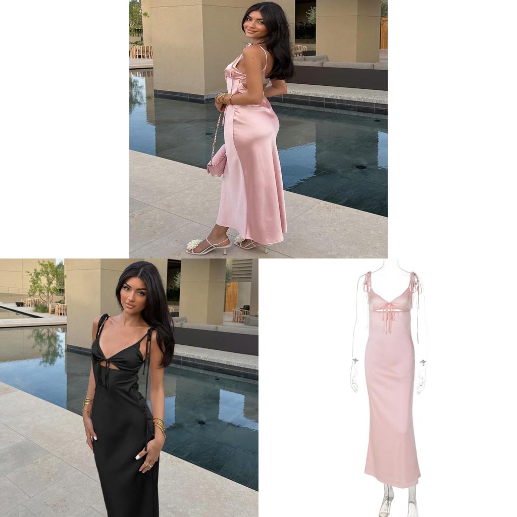 Summer Pink V Neck Slip Dress With Ties For Casual And Party Wear